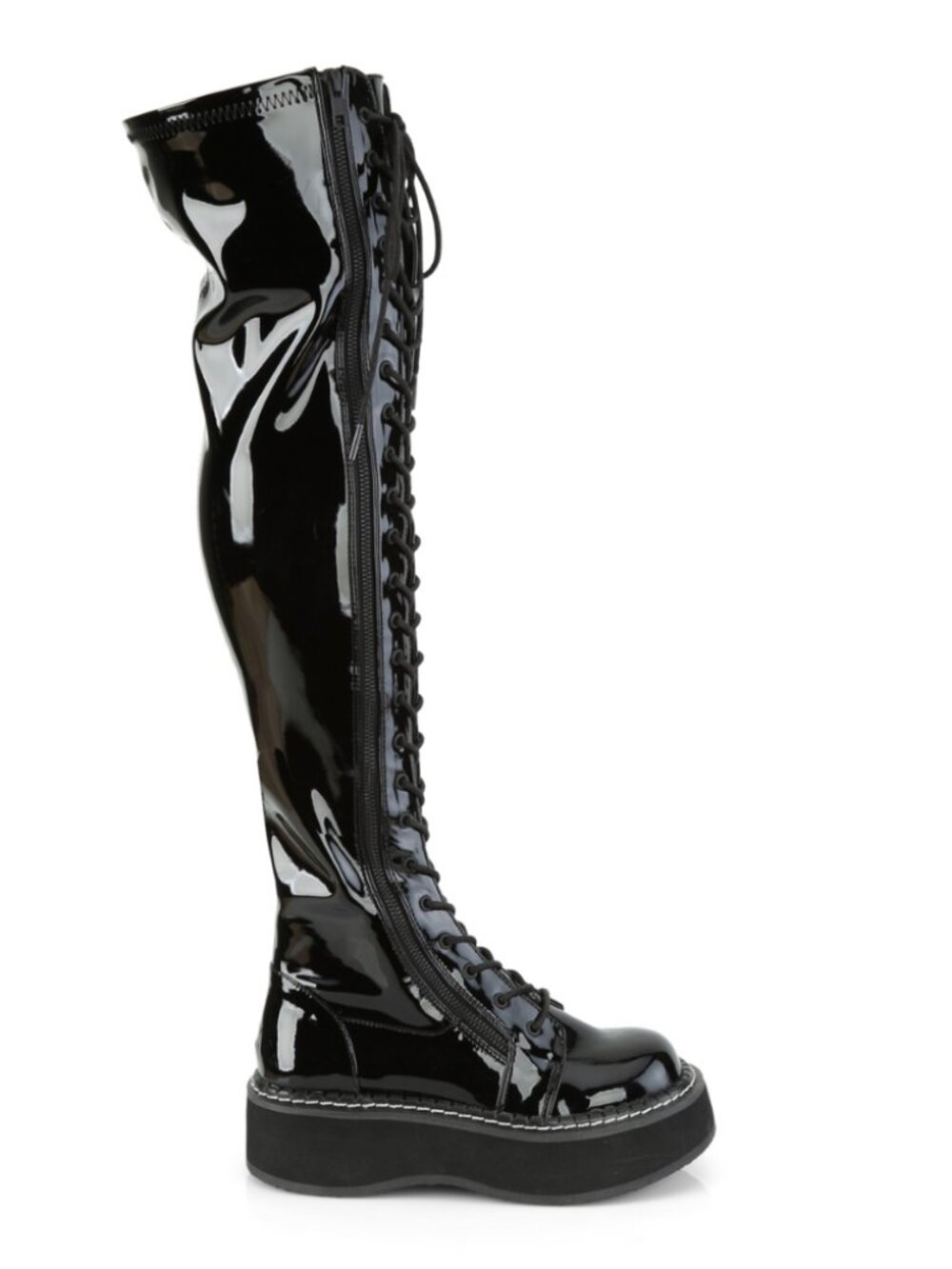 Platform Stretch Pat Thigh-High Boots with Outer Metal Zip Closure